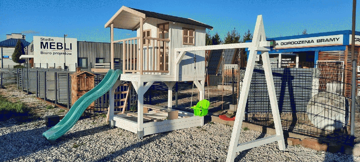 Holz Spielhaus auf Stelzen Kinder Garten mit Sandkasten Schaukel Konstruktion Bild 1