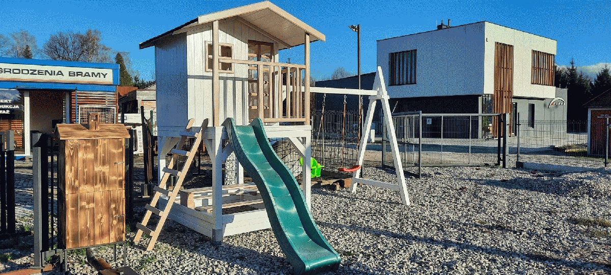 Holz Spielhaus auf Stelzen Kinder Garten mit Sandkasten Schaukel Konstruktion Bild 2