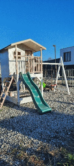 Holz Spielhaus auf Stelzen Kinder Garten mit Sandkasten Schaukel Konstruktion Bild 4
