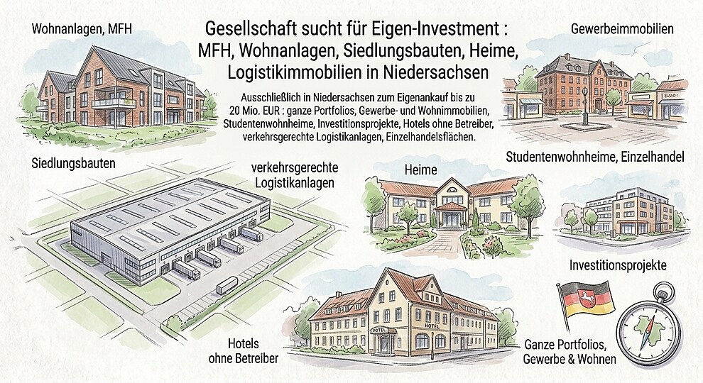 Gesellschaft sucht für Eigen-Investment : MFH, Wohnanlagen, Siedlungsbauten, Heime, Logistikimmobilien in Niedersachsen