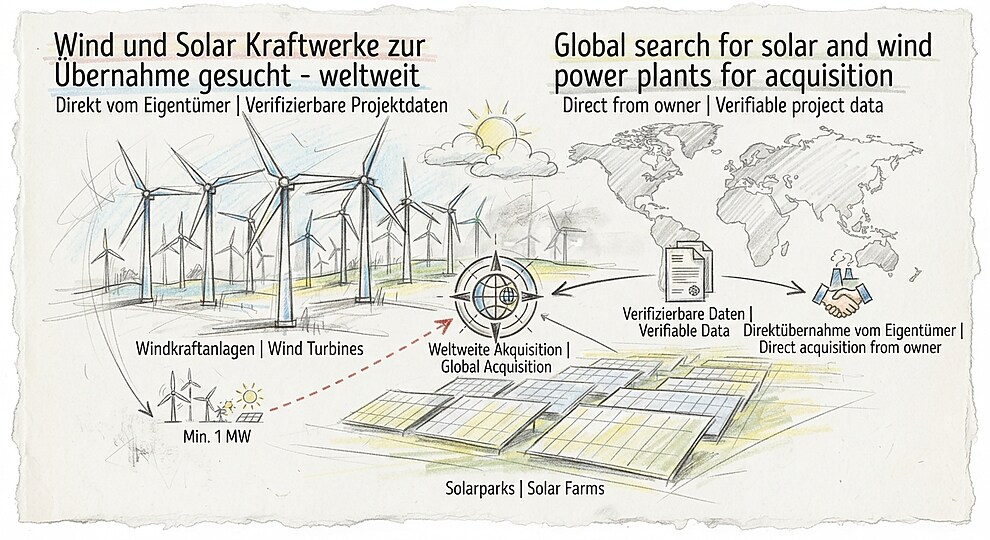 Wind und Solar Kraftwerke zur Übernahme gesucht - weltweit