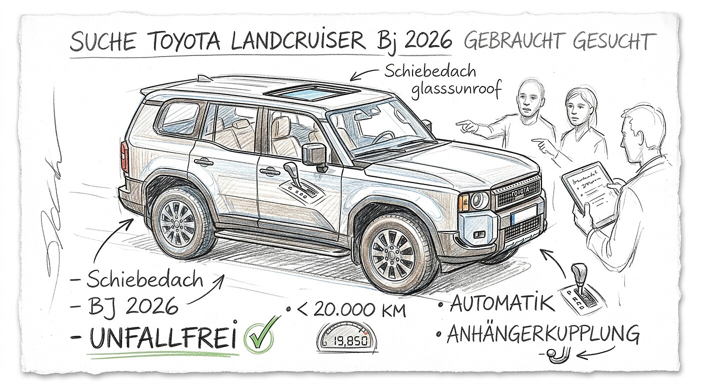 Auto / Motorrad/Baden-Württemberg: Suche einen Toyota Landcruiser mit Schiebedach, Bj 2026 , unfallfrei, weniger als 20.000 Km, Automatik, Anhängerkupplung